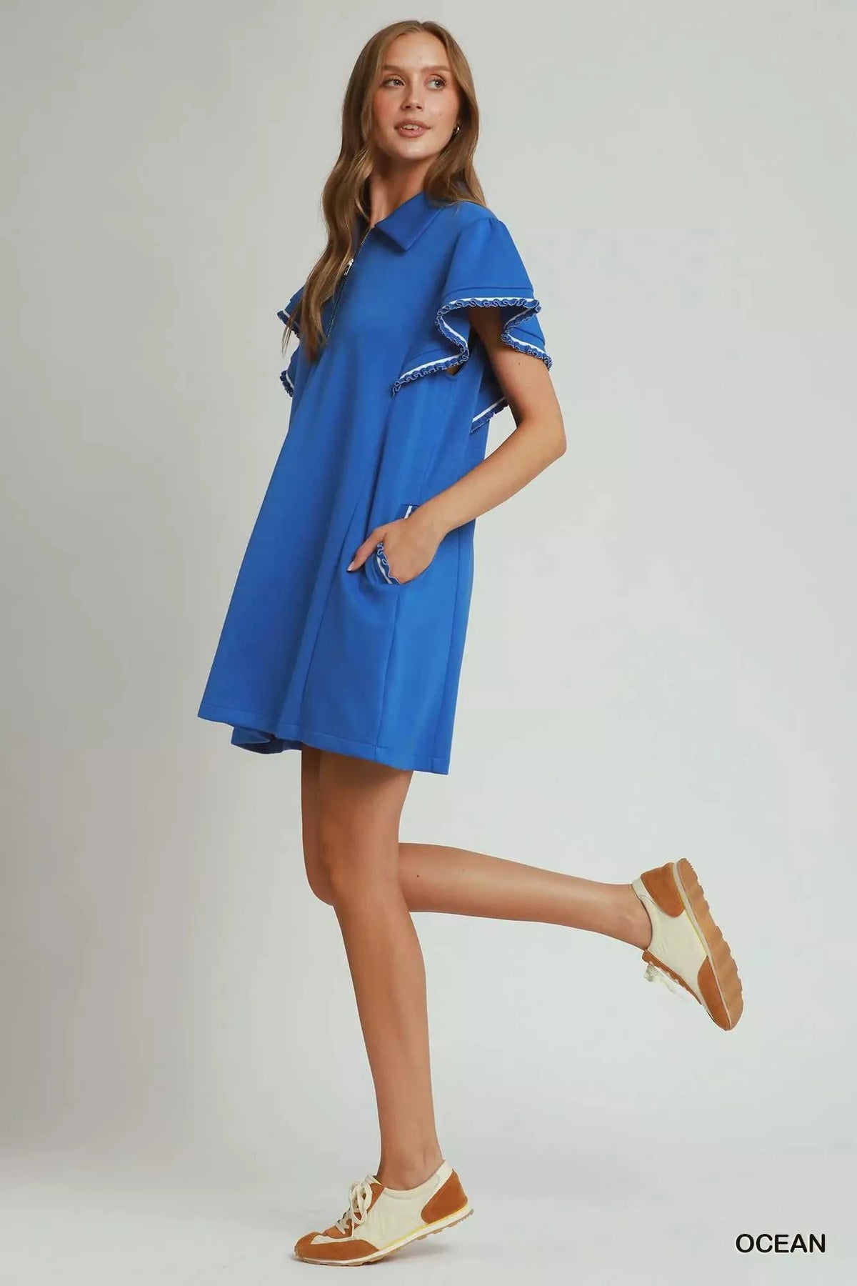 Umgee Half Zip Ruffle Rib Band Butterfy Sleeve Mini Dress with Pockets 100100627121833 53 Affordable Fashion Under $100 Jerry's Apparel 