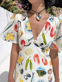Printed V-Neck Short Sleeve Dress