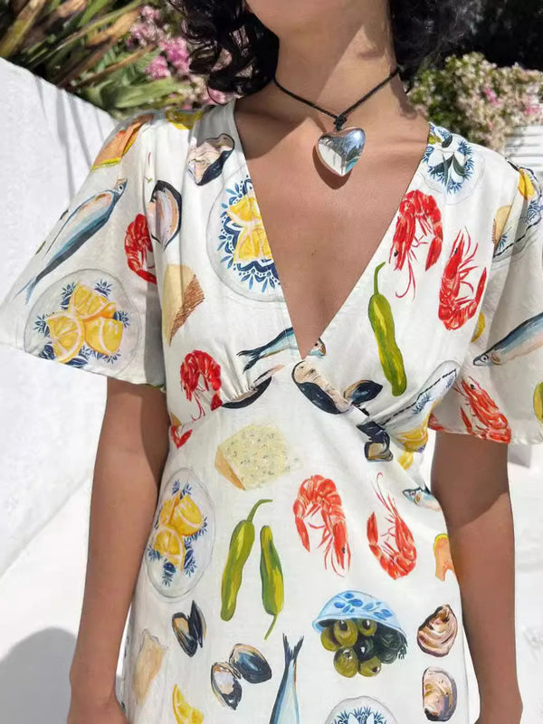Printed V-Neck Short Sleeve Dress