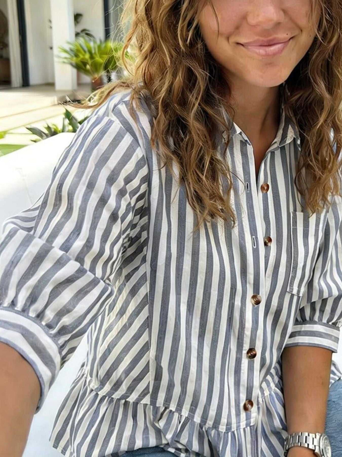 Striped Ruffle Hem Button-Down Shirt 100100634757459 44 Affordable Fashion Under $100 Jerry's Apparel 