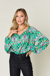 Full Size Printed Balloon Sleeve Blouse