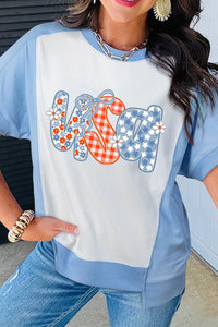 Star Plaid Flower USA Graphic Color Block Crewneck T Shirt