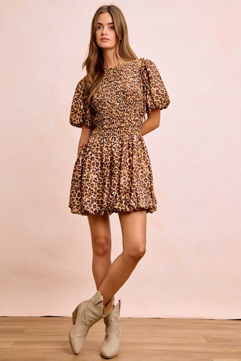 BiBi Leopard Bow Tie Attachable Puff Sleeves Dress 100100826881615 62 Affordable Fashion Under $100 Jerry's Apparel 
