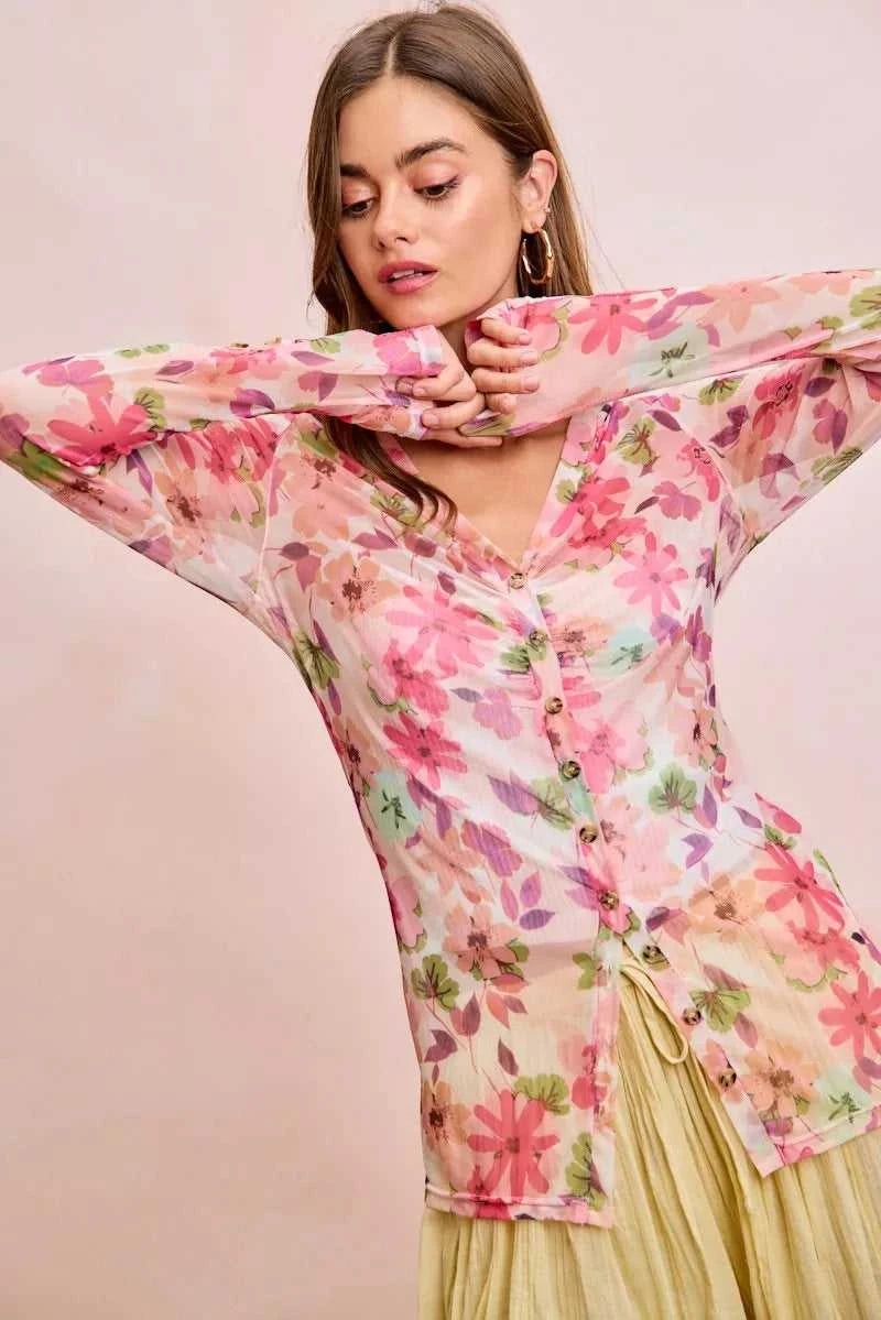 BiBi Floral Shrried Detail Button Up Mesh Cardigan Top 100100970651175 39 Gifts for Her Jerry's Apparel 