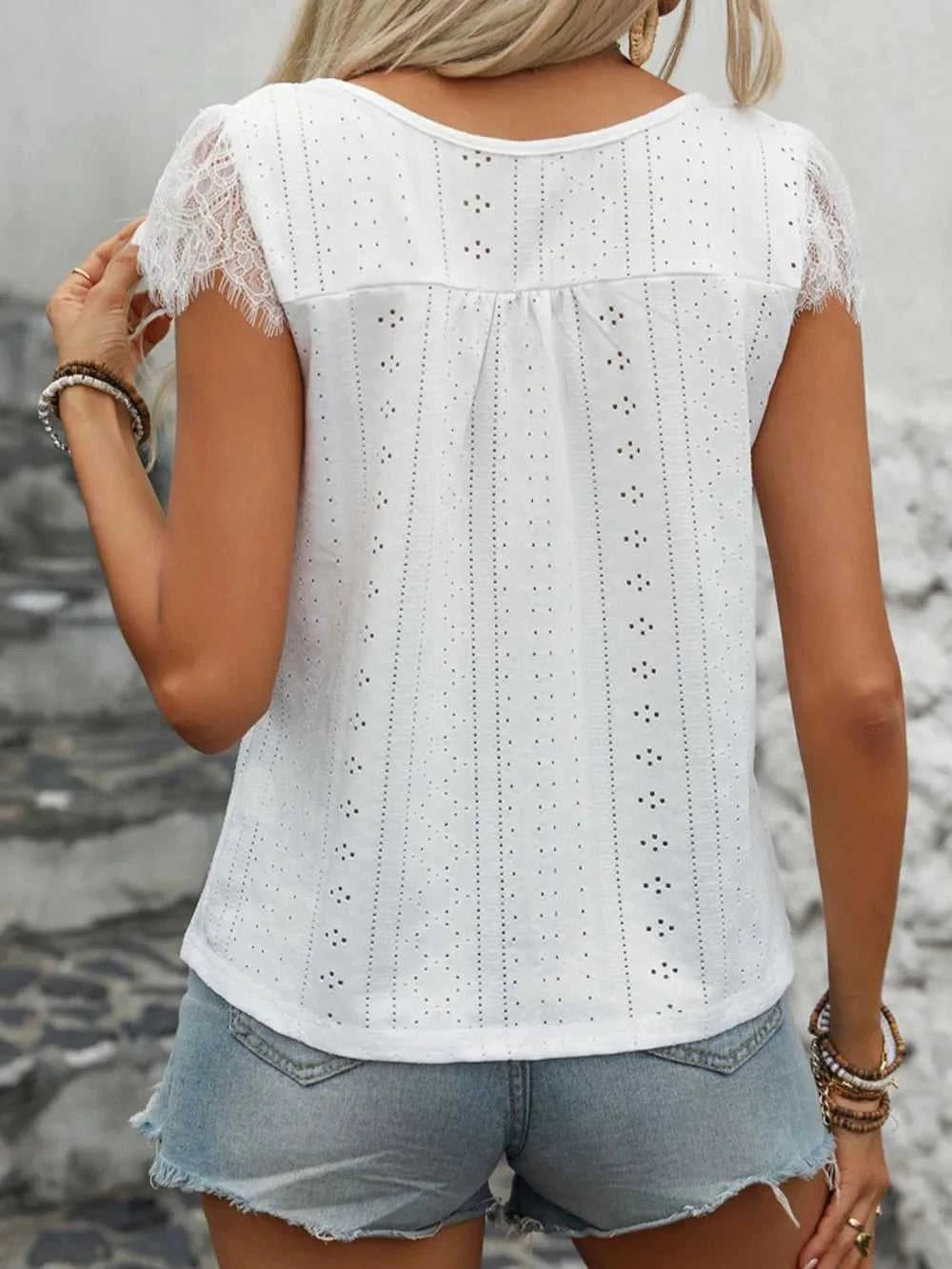 Perfee Eyelet Lace Detail V-Neck Cap Sleeve Top 100100934591306 25 Affordable Fashion Under $100 Jerry's Apparel 