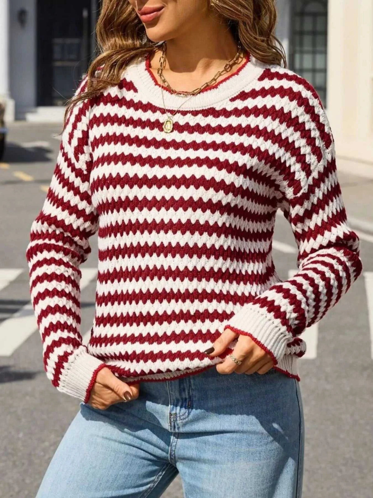 Striped Zigzag Knit Round Neck Sweater 100100461154218 44 Affordable Fashion Under $100 Jerry's Apparel 
