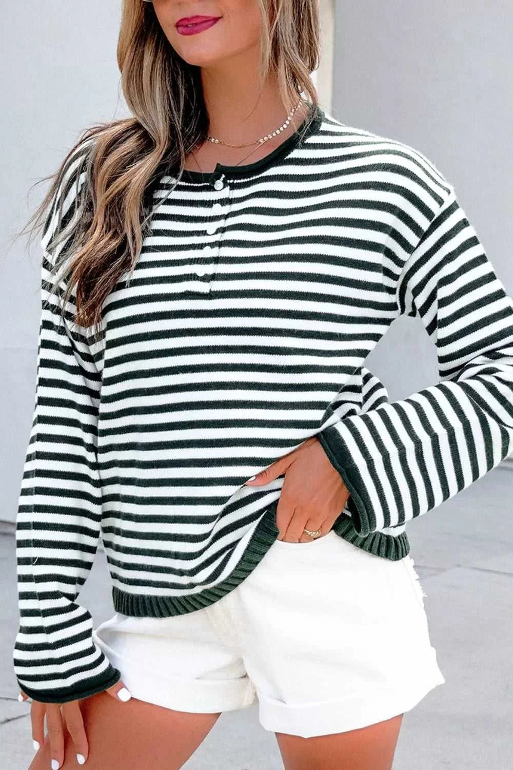 Striped Button Placket Drop Shoulder Long Sleeve Sweater 100100966141645 48 Women's Sweaters and Knitwear Jerry's Apparel 