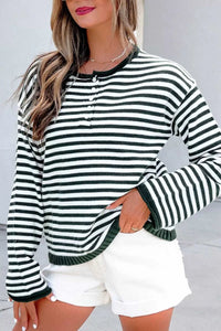 Striped Button Placket Drop Shoulder Long Sleeve Sweater 100100966141645 48 Women's Sweaters and Knitwear Jerry's Apparel 