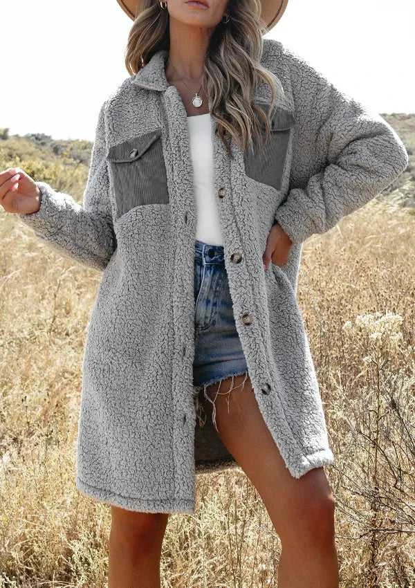 Collared Neck Long Sleeve Longline Teddy Jacket 100100830248539 60 Affordable Fashion Under $100 Jerry's Apparel 