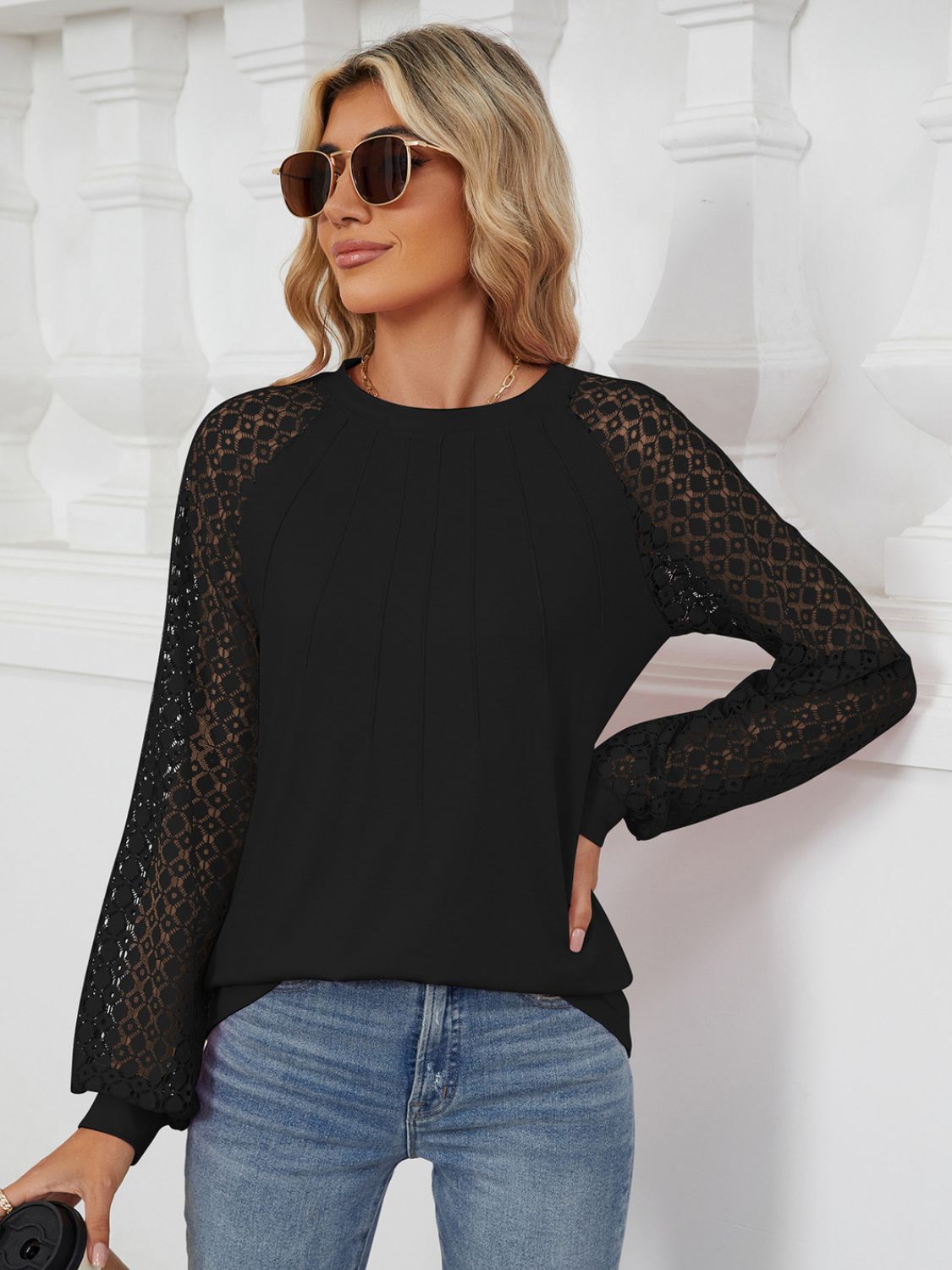 Round Neck Lace Long Sleeve Top