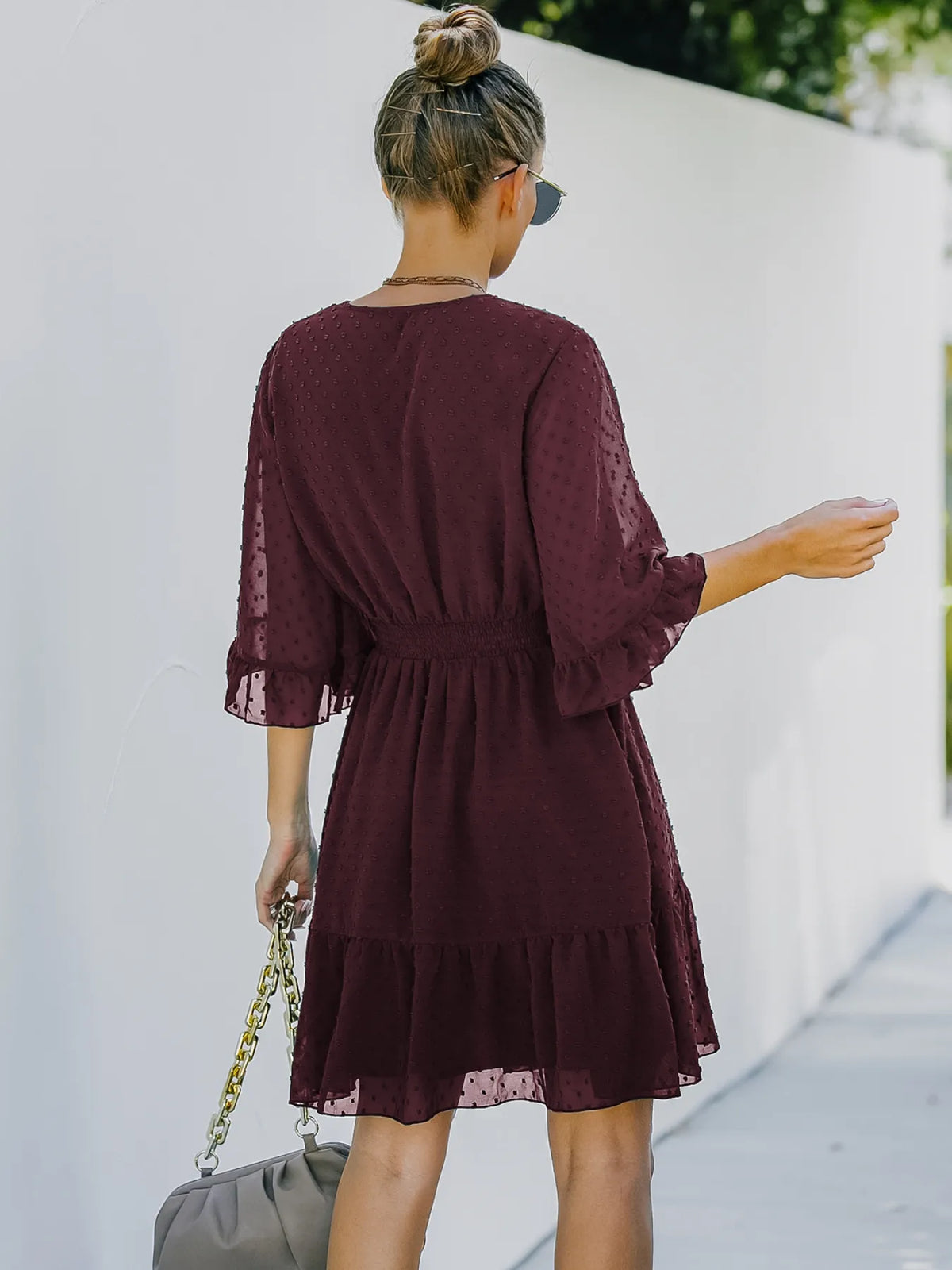 Swiss Dot Flare Sleeve Wrap Mini Dress