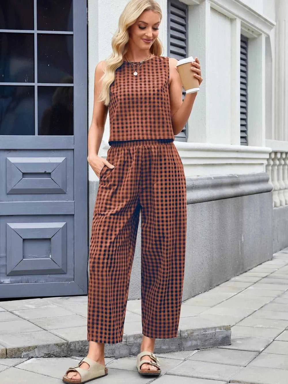 Plaid Sleeveless Top and Pants Set 100100045523661 39 Affordable Fashion Under $100 Jerry's Apparel 