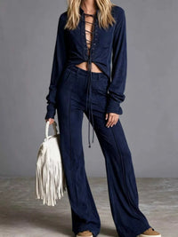Full Size Lace-Up Long Sleeve Top and Wide-Leg Pants Set Plus Size 101001057963261 65 Affordable Fashion Under $100 Jerry's Apparel 