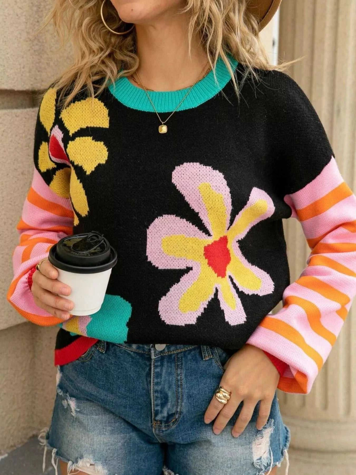 Floral Striped Crew Neck Sweater 100100282505269 51 Affordable Fashion Under $100 Jerry's Apparel 