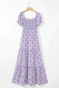 Tiered Floral Shirred High Waist Maxi Dress
