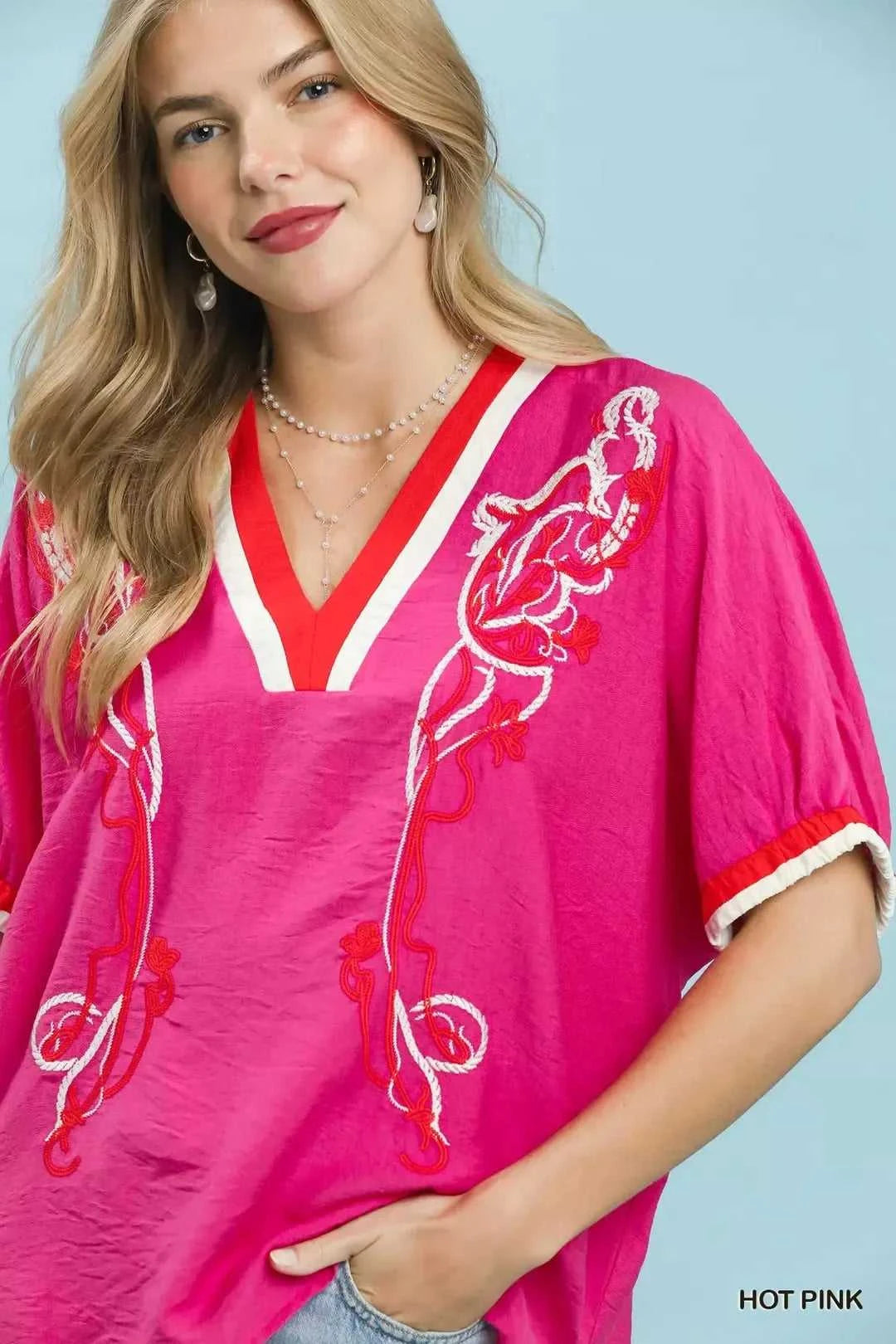 Umgee Embroidered Floral V-Neck Short Sleeve Blouse with Contrast Trim 100100890601360 53 Affordable Fashion Under $100 Jerry's Apparel 