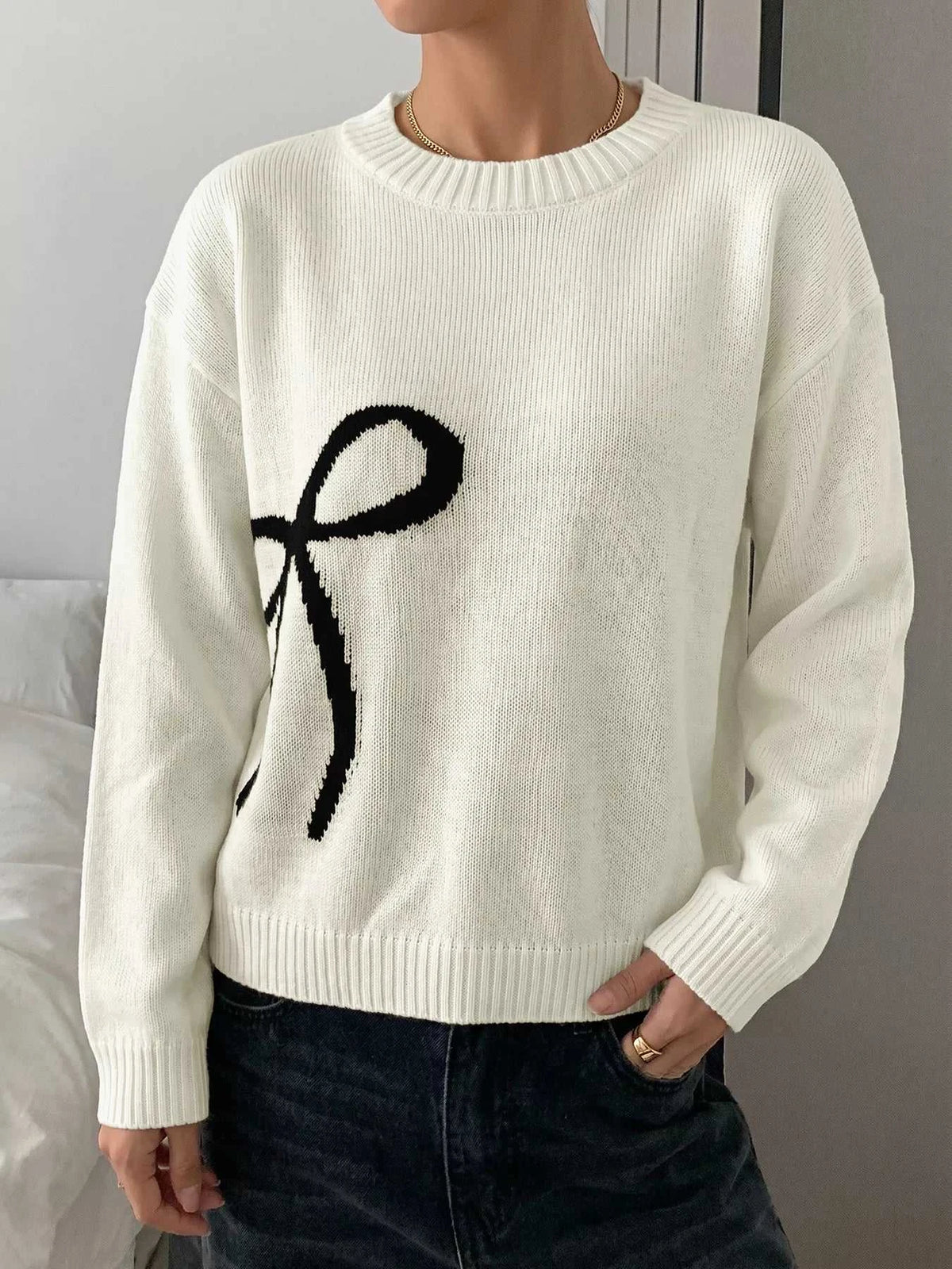 Bow Graphic Round Neck Sweater 100100406045072 38 Affordable Fashion Under $100 Jerry's Apparel 