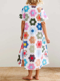Floral Print Midi Dress with Scalloped Edges