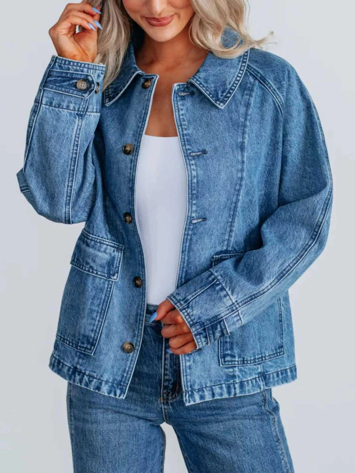 Button Up Raglan Sleeve Denim Jacket 100100287427335 64 Affordable Fashion Under $100 Jerry's Apparel 