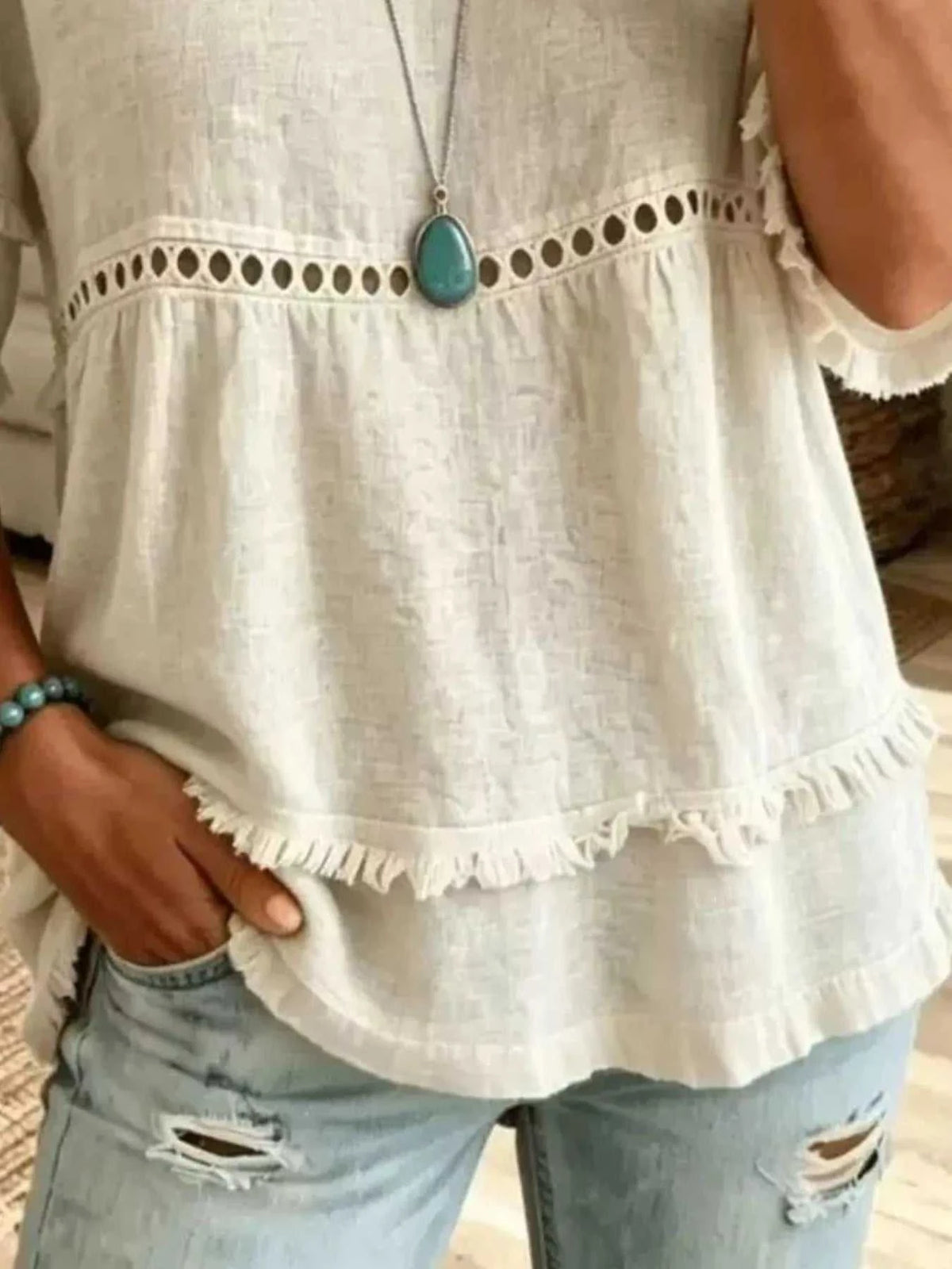 Eyelet V-Neck Frayed Edge T-Shirt 101001102955340 33 Affordable Fashion Under $100 Jerry's Apparel 