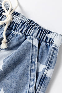 Star Print Washed Drawstring High Waist Wide Leg Jeans