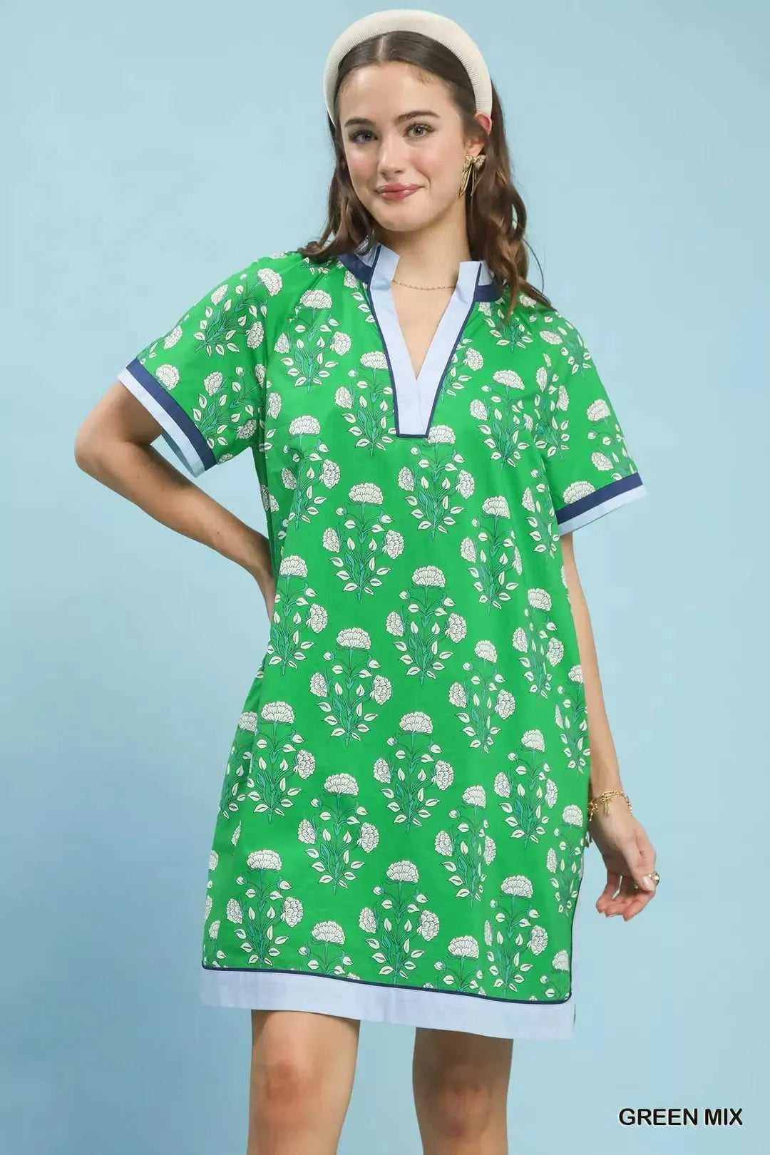 Umgee Printed Split Neck Short Sleeve Shift Dress 100100790711014 60 Affordable Fashion Under $100 Jerry's Apparel 