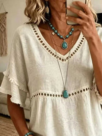 Eyelet V-Neck Frayed Edge T-Shirt 101001102955340 33 Affordable Fashion Under $100 Jerry's Apparel 