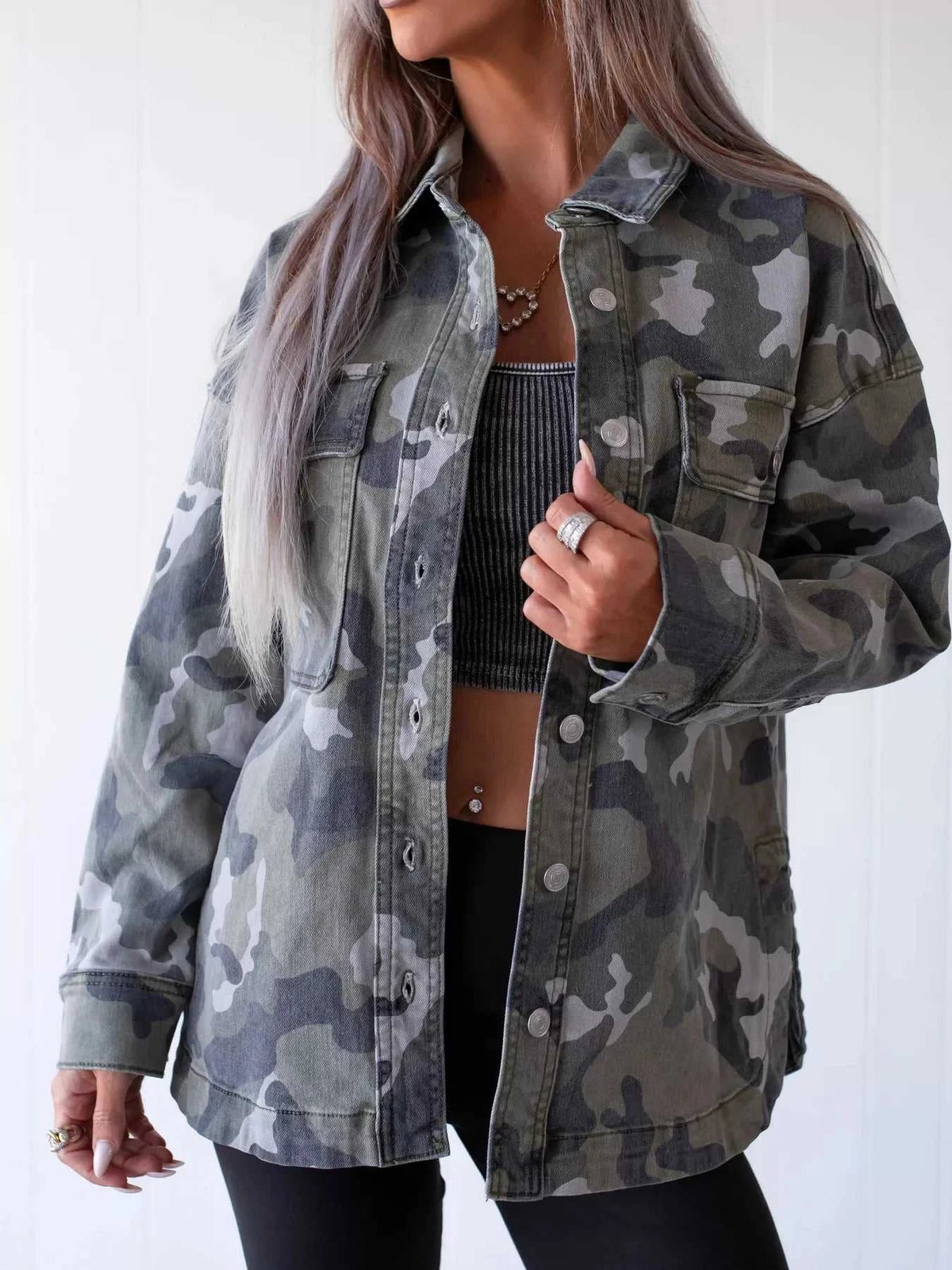 Camouflage Print Button Up Denim Jacket 101003062000961 67 Affordable Fashion Under $100 Jerry's Apparel 