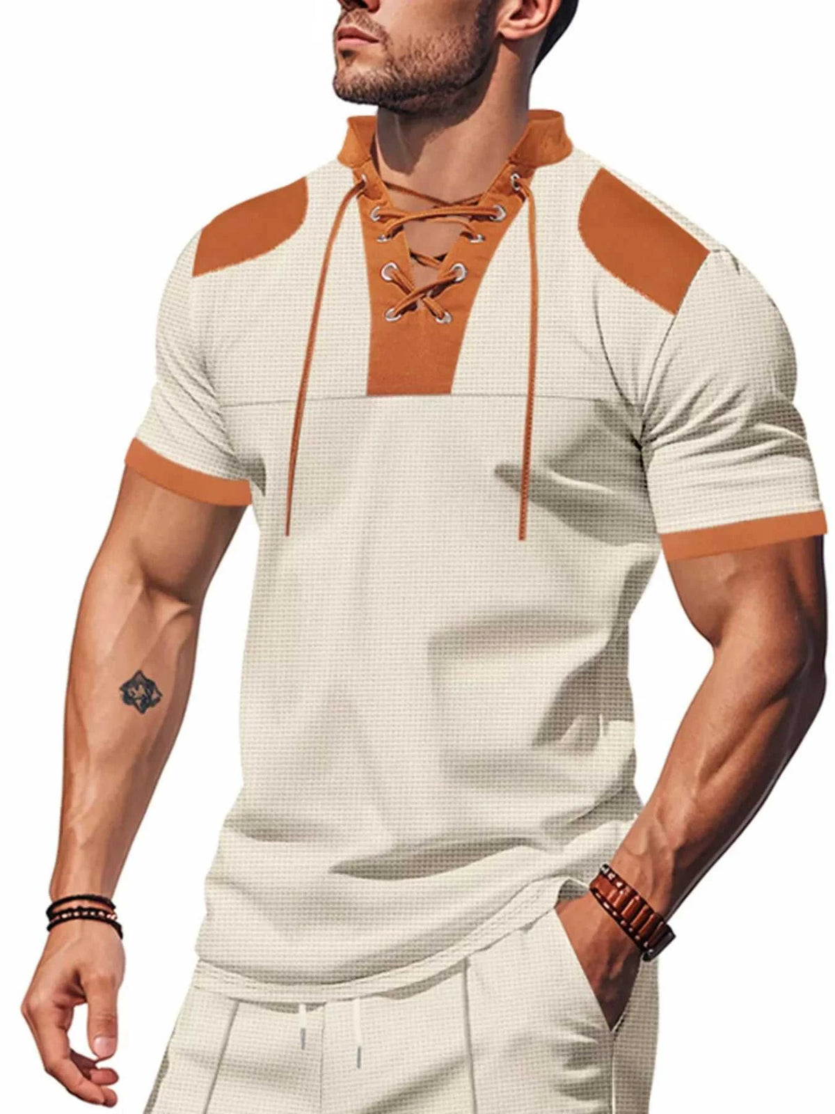 Men's Full Size Lace-Up Neckline Short Sleeve T-Shirt Plus Size 100400842767999 25 Affordable Fashion Under $100 Jerry's Apparel 
