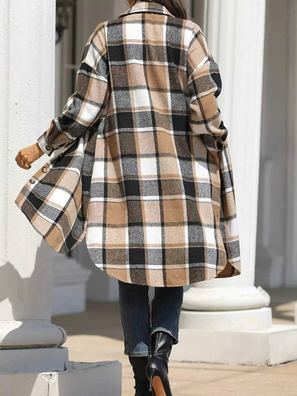 Longline Plaid Button-Up Coat 100100642429775 44 Affordable Fashion Under $100 Jerry's Apparel 
