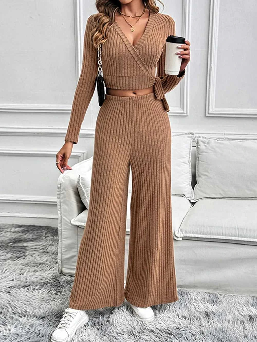 Perfee Surplice Long Sleeve Top and Pants Set 100100682721258 48 Affordable Fashion Under $100 Jerry's Apparel 