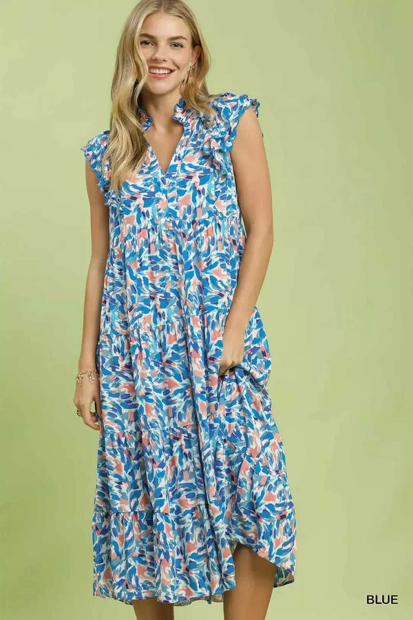 Umgee Leaf Print Midi Tiered Dress with Side Pockets 100100625941436 64 Affordable Fashion Under $100 Jerry's Apparel 