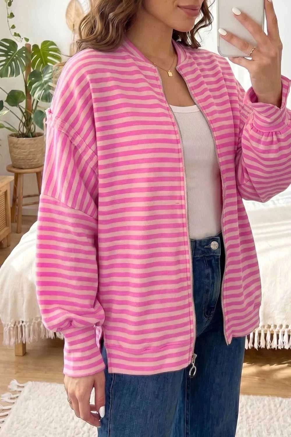 Stripe Striped Zip-up Open Front Loose Fit Regular Length Hoodie 100100494869420 56 Affordable Fashion Under $100 Jerry's Apparel 