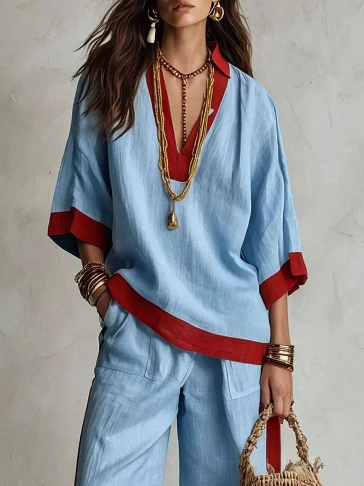 Full Size Contrast Trim Top and Wide Leg Pants Set Plus Size 101001012613218 46 Affordable Fashion Under $100 Jerry's Apparel 