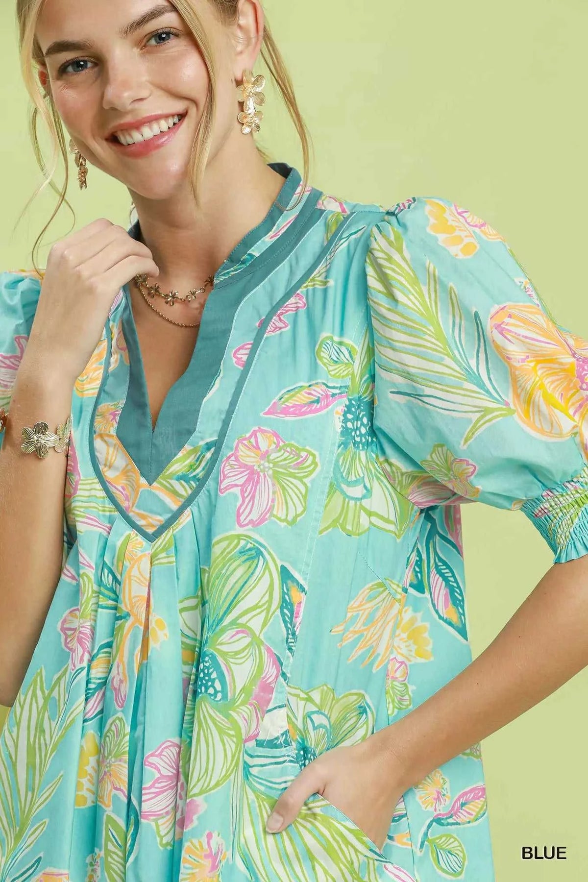 Umgee Botanical Print Dress with Smocked Cuffs 100100706751330 64 Affordable Fashion Under $100 Jerry's Apparel 