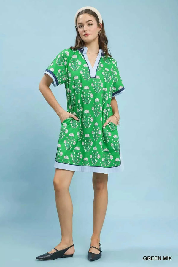 Umgee Printed Split Neck Short Sleeve Shift Dress 100100790711014 60 Affordable Fashion Under $100 Jerry's Apparel 
