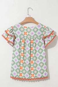 Floral Print V-neck Flutter Sleeve Blouse