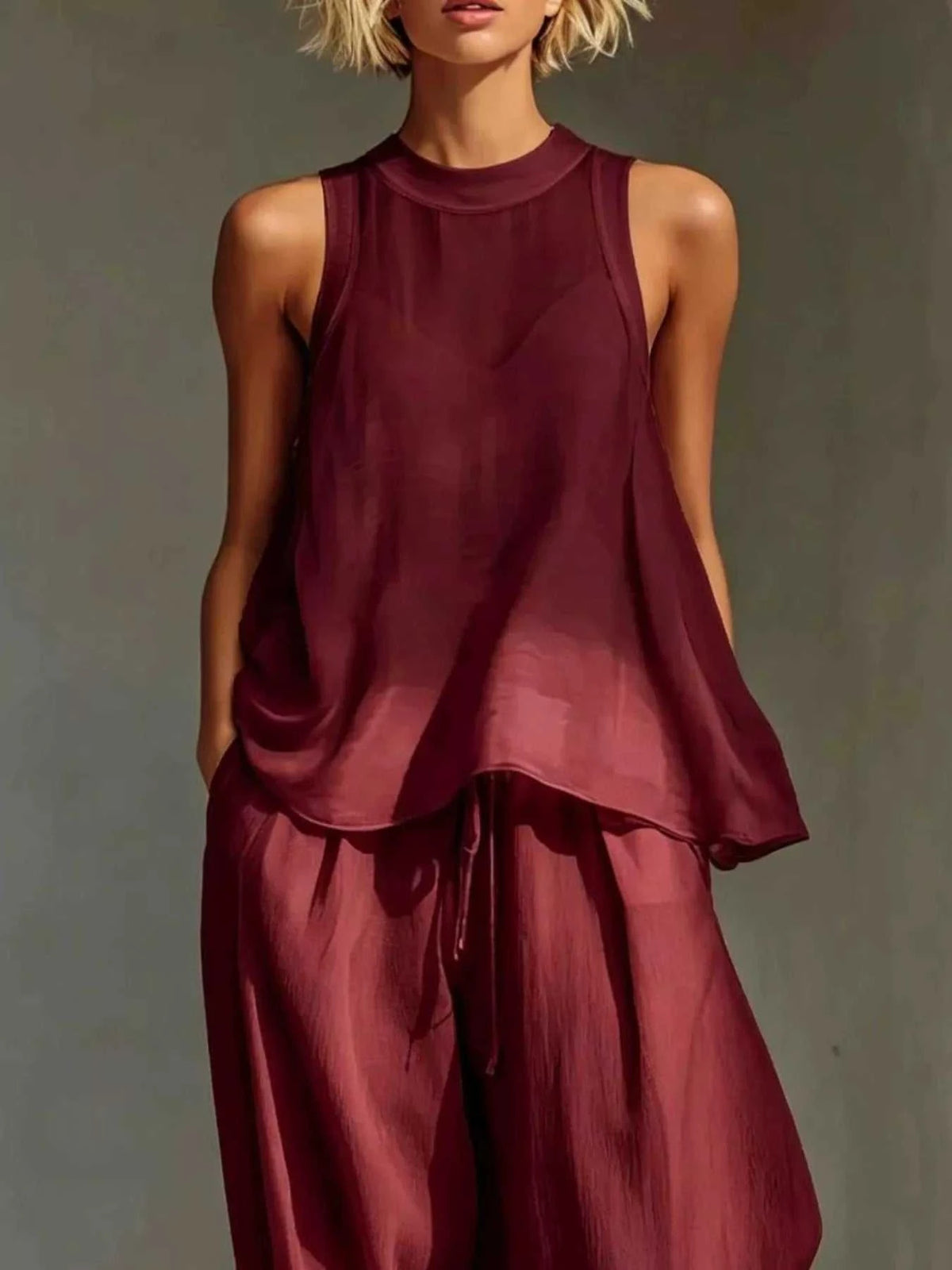 Full Size Sheer Sleeveless Top and Wide-Leg Pants Set Plus Size 101001098258416 52 Affordable Fashion Under $100 Jerry's Apparel 