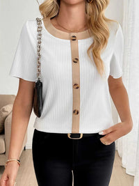 Decor Button Round Neck Short Sleeve Blouse 100100012421763 27 Affordable Fashion Under $100 Jerry's Apparel 