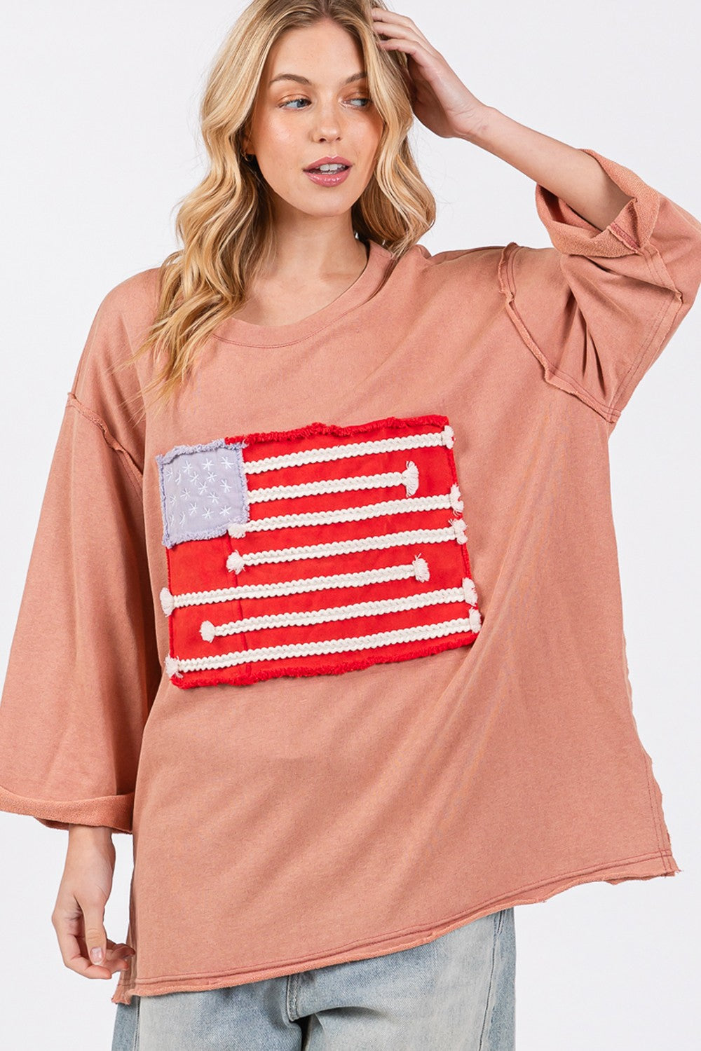 Full Size American Flag Patch Drop Shoulder T-Shirt