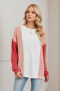 Double Take Texture Contrast Round Neck Long Sleeve T-Shirt