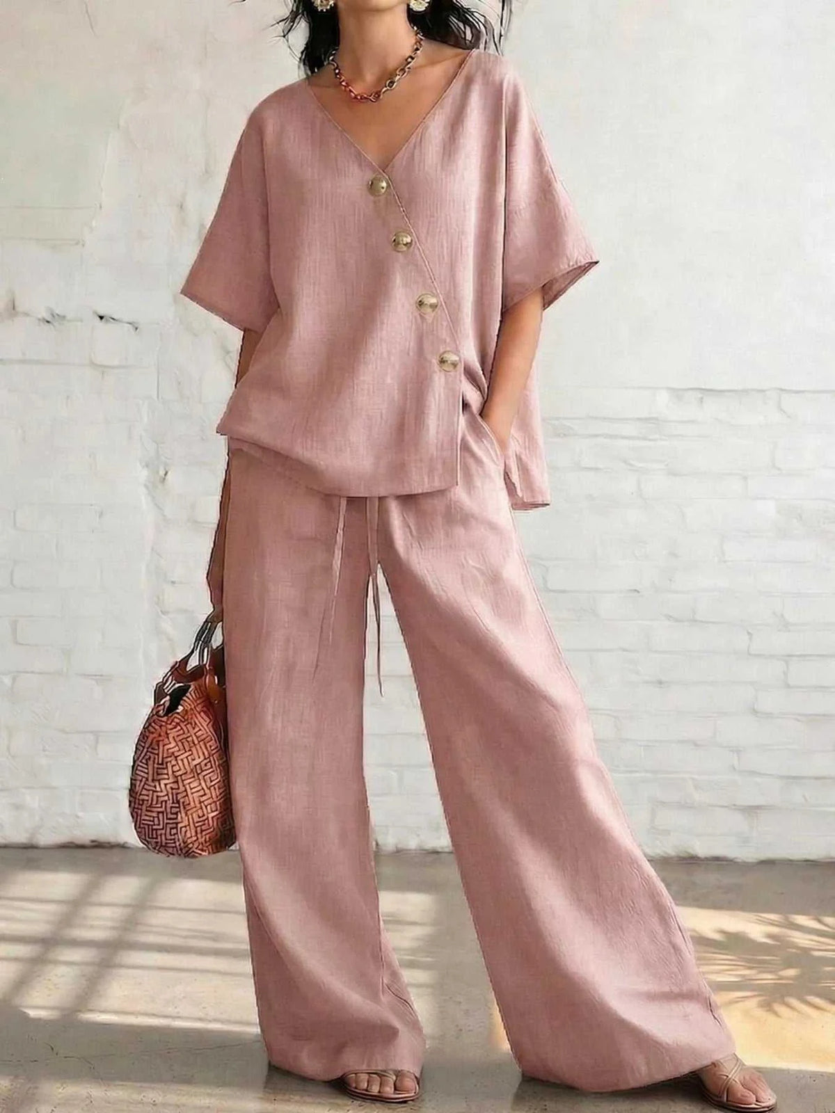 Full Size Surplice Half Sleeve Top and Wide-Leg Pants Set Plus Size 100100693330710 43 Affordable Fashion Under $100 Jerry's Apparel 