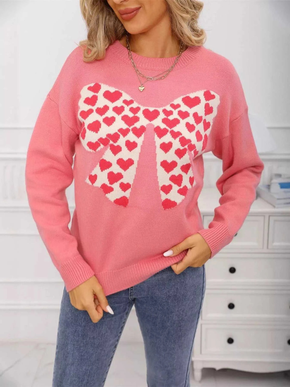Valentine's Day Heart Bow Round Neck Sweater 100100274618336 49 Affordable Fashion Under $100 Jerry's Apparel 