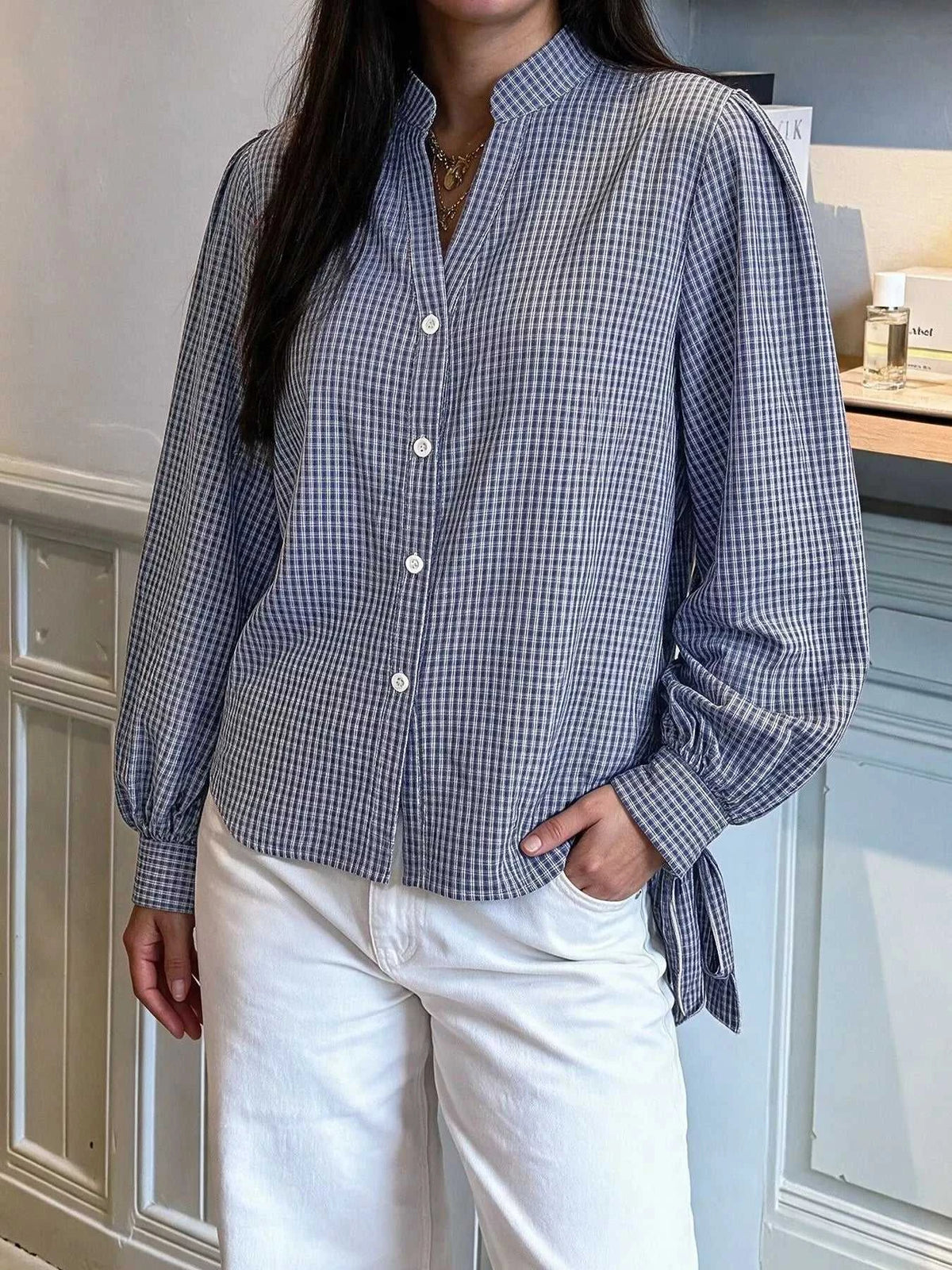 Gingham Button Up Shirt with Tie-Sleeve Detail 101001756453060 45 Affordable Fashion Under $100 Jerry's Apparel 