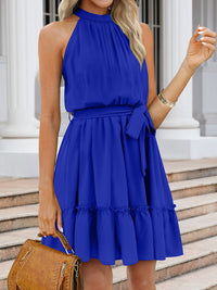 Frill Grecian Neck Tie Waist Mini Dress