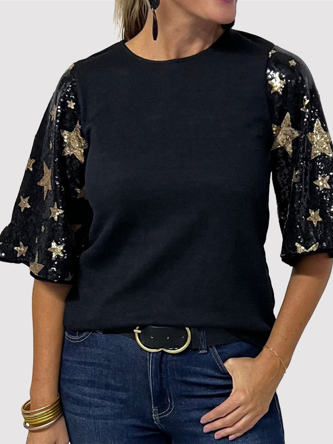 Sequin Round Neck Half Sleeve Blouse