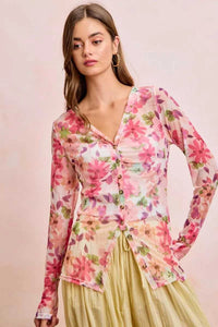 BiBi Floral Shrried Detail Button Up Mesh Cardigan Top 100100970651175 39 Gifts for Her Jerry's Apparel 