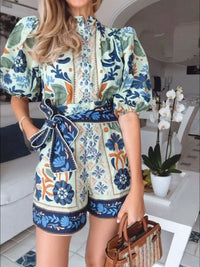 Floral Print Button Front Belted Romper