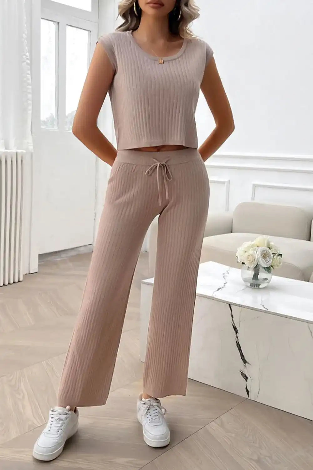 Devine Ribbed Round Neck Top and Pants Set 100100643541406 76 Affordable Fashion Under $100 Jerry's Apparel 