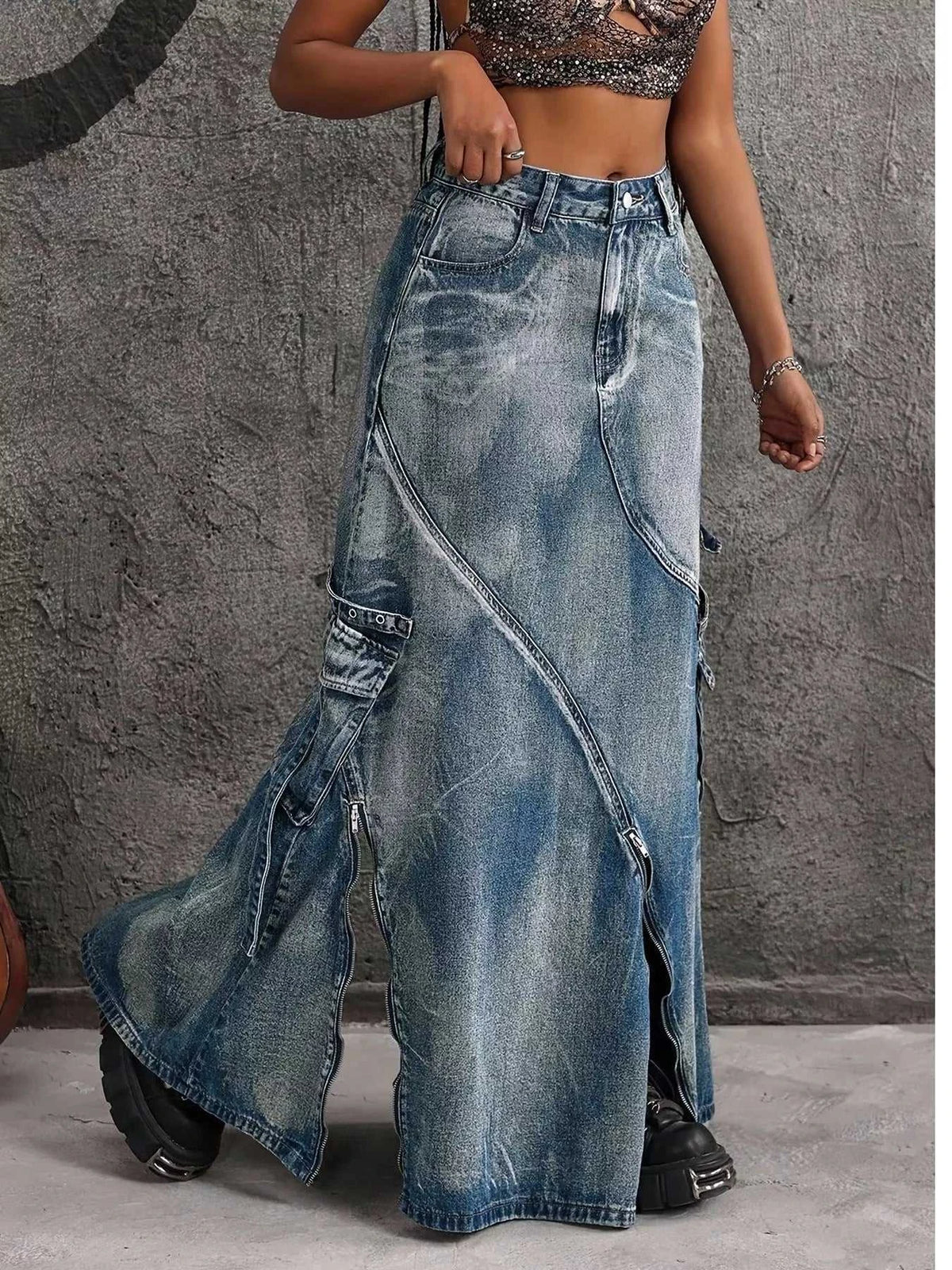 High-Waisted Denim Maxi Skirt with Zipper Slit 101003163311777 55 Affordable Fashion Under $100 Jerry's Apparel 